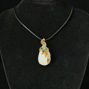 Enamel Peacock Inlaid White Jade Pendant